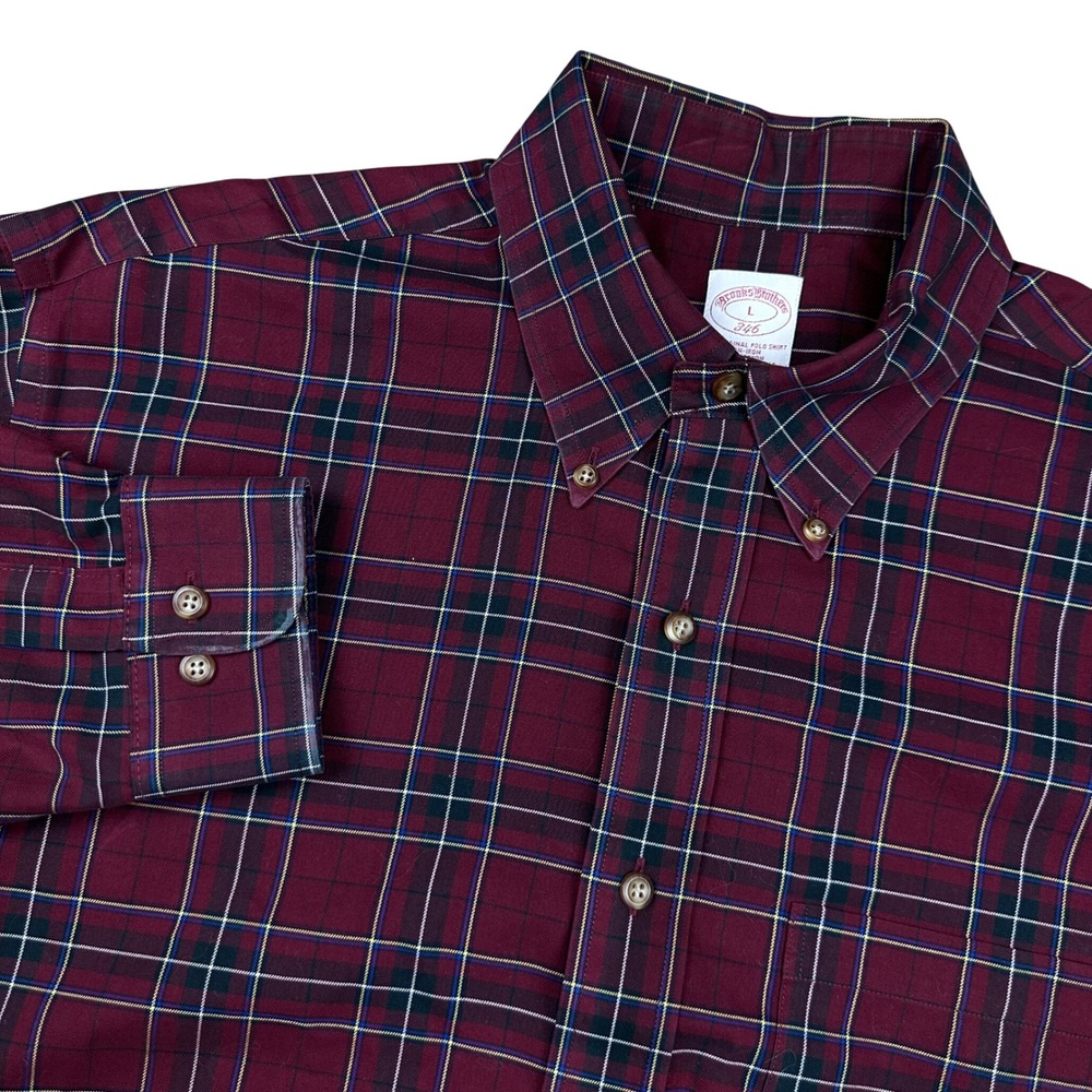 Brooks Brothers 346 Mens Large Burgundy Plaid Non-Iron Cotton Button Down Shirt